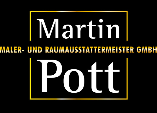 Logo MAERTIN POTT Maler- und Raumaustattermeister GmbH in weißer und goldener Schrift, mit goldener Umrahmung